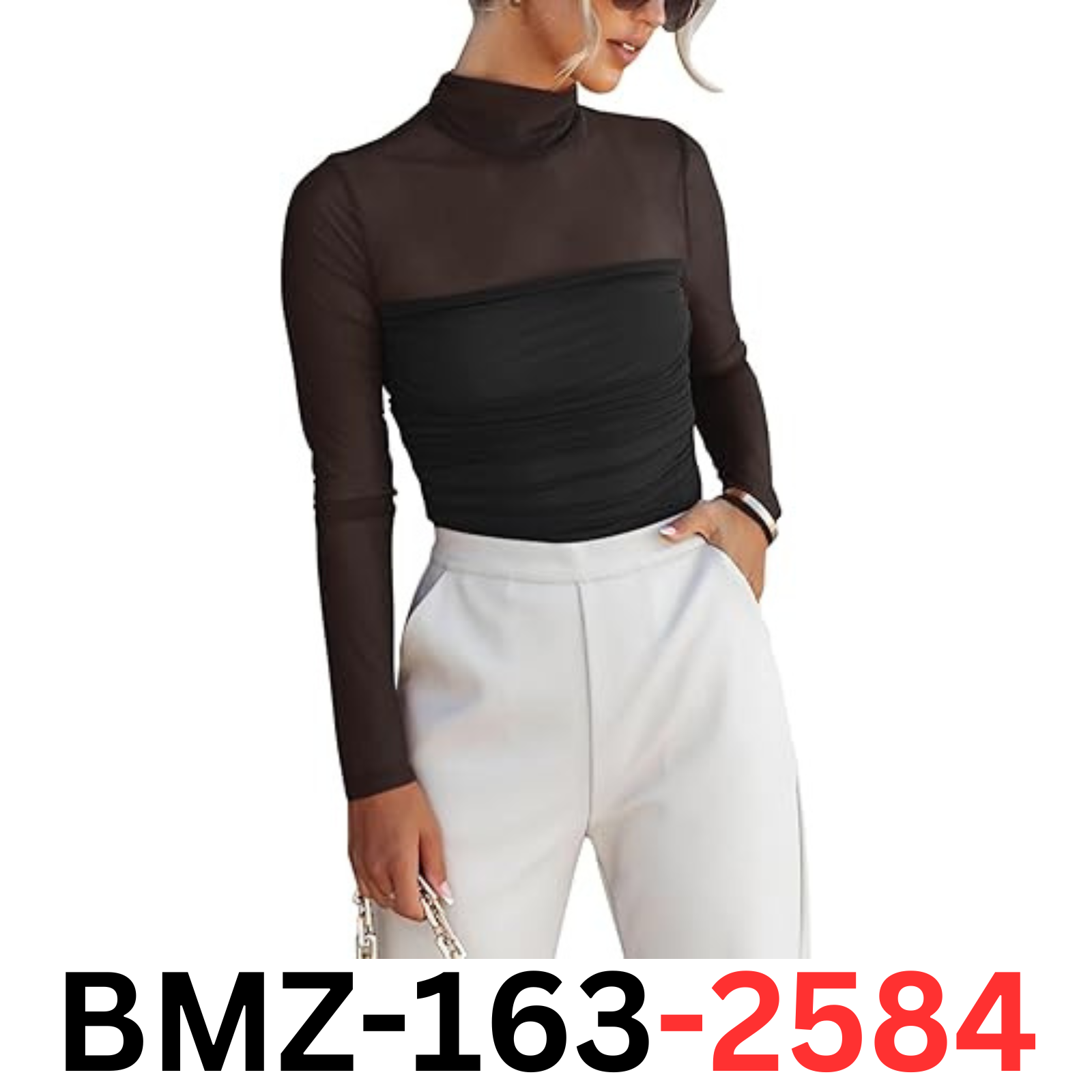 REORIA Women Sexy Long Sleeve Mock Turtle Neck Sheer Mesh Bidysuit Tops Black XL