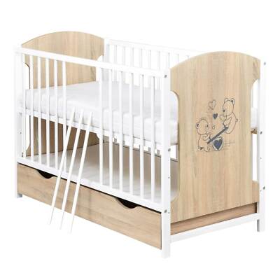 Babybett Kinderbett Sonoma Weiss 120x60 Schublade Teddy Wippe Motiv Matratze