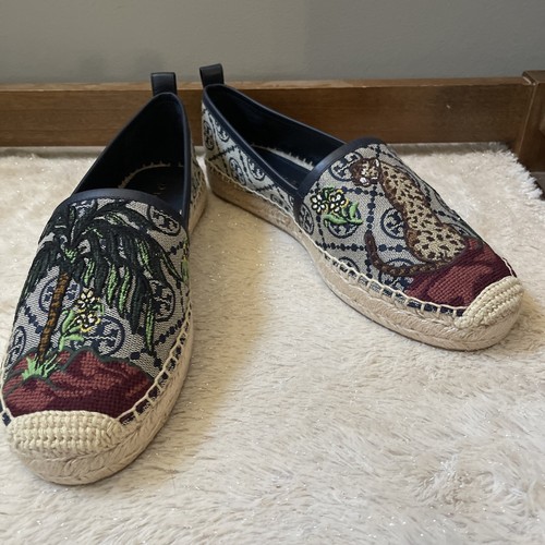 Pre-owned Tory Burch T Monogram Platform Espadrille Cheetah Needlepoint Navy Size 9 In Blue