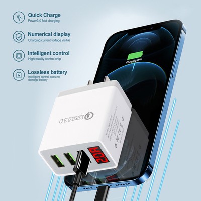 3 Port QC 3.0 Quick Charge USB Hub LCD Fast Wall Charger Power Adapter For Phone