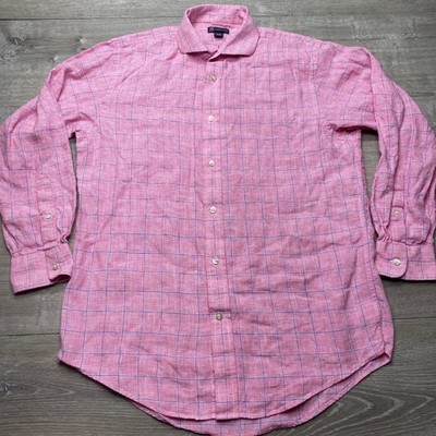Lands' End Shirt Baird McNutt Irish Linen Mens 15-32 Pink Glen Plaid Windowpane