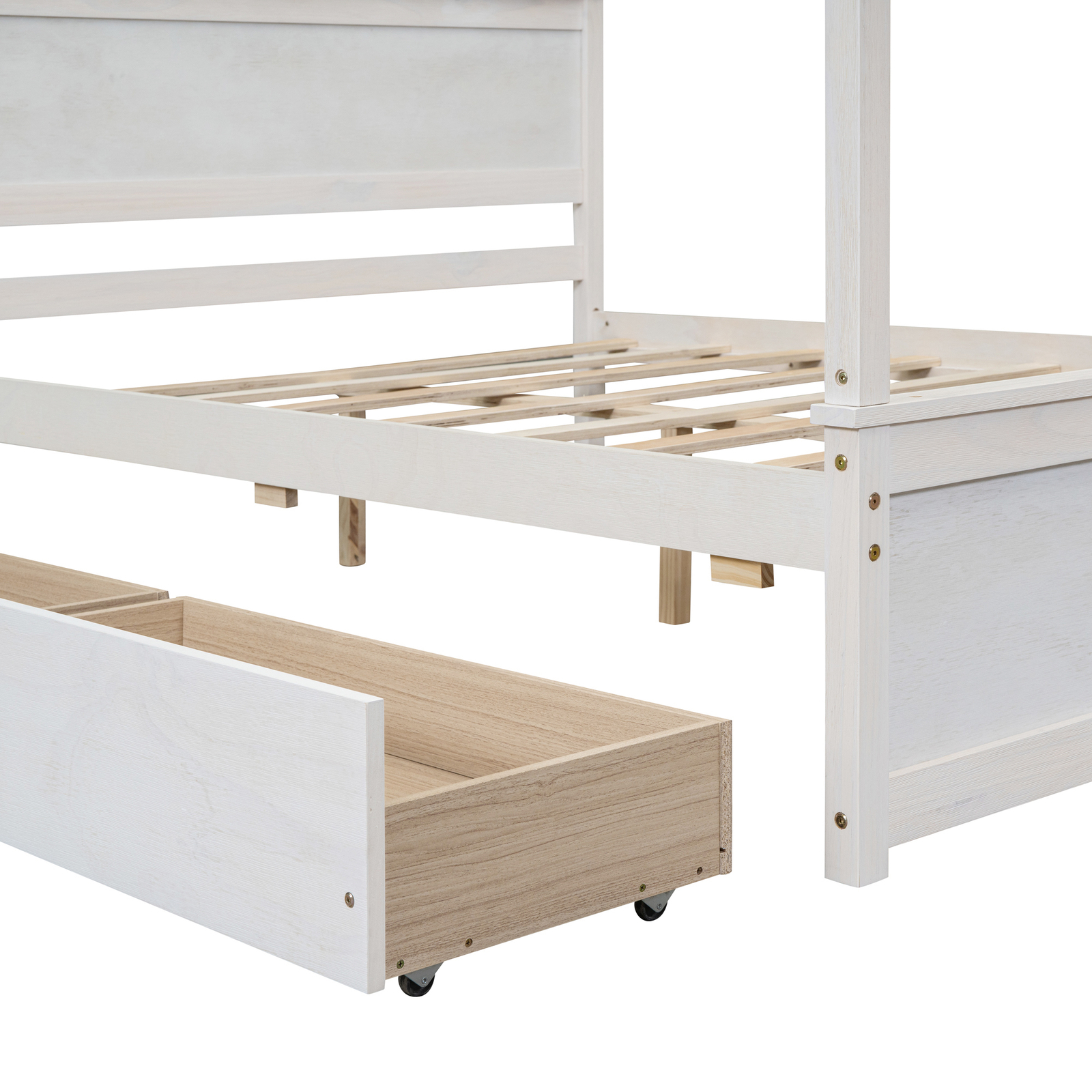 Full Size Wooden Canopy Platform Bed Frame with Two Drawers Wood Slatted White