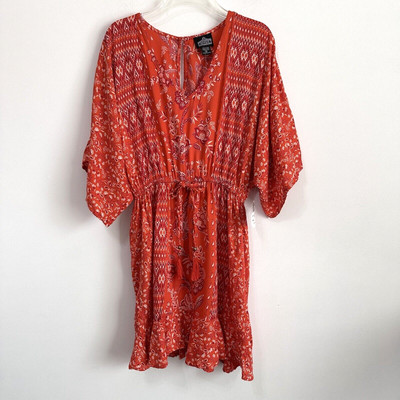 Angie Dress M Orange Flame Paisley V Neck Pullover Boho Trendy Rayon Trendy NEW