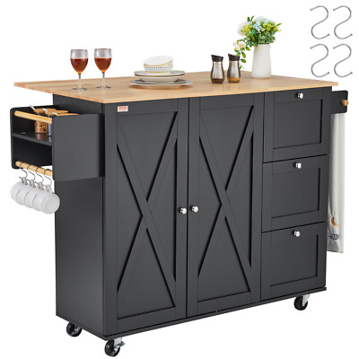 VEVOR Drop-Leaf Kitchen Island Trolley Cart Wood Storage Cabinet w/ Spice Towel