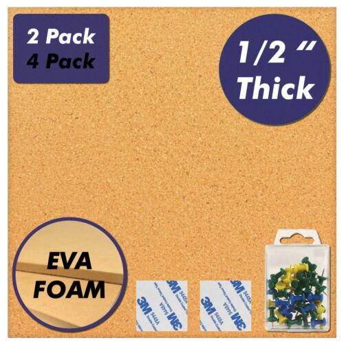 12x12 Inch Square Foam Cork Board Tiles w/ Self Adhesive Backing 1/2 Inch Thick