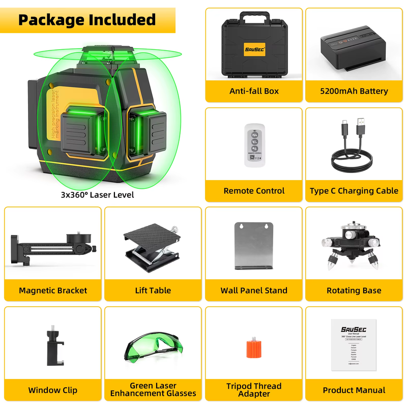 Laser Level 360° Self Leveling 3D 12 Lines Green Laser Cross Line with Remote C