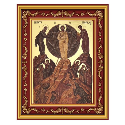 Transfiguration Greek Byzantine Icon Gold Foil Burgundy Frame Stand 5.5