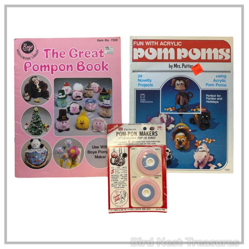 1980 Susan Bates POM-PON MAKER + POMPON CRAFT BOOKLETS, Boye 7395 & Putter 7321