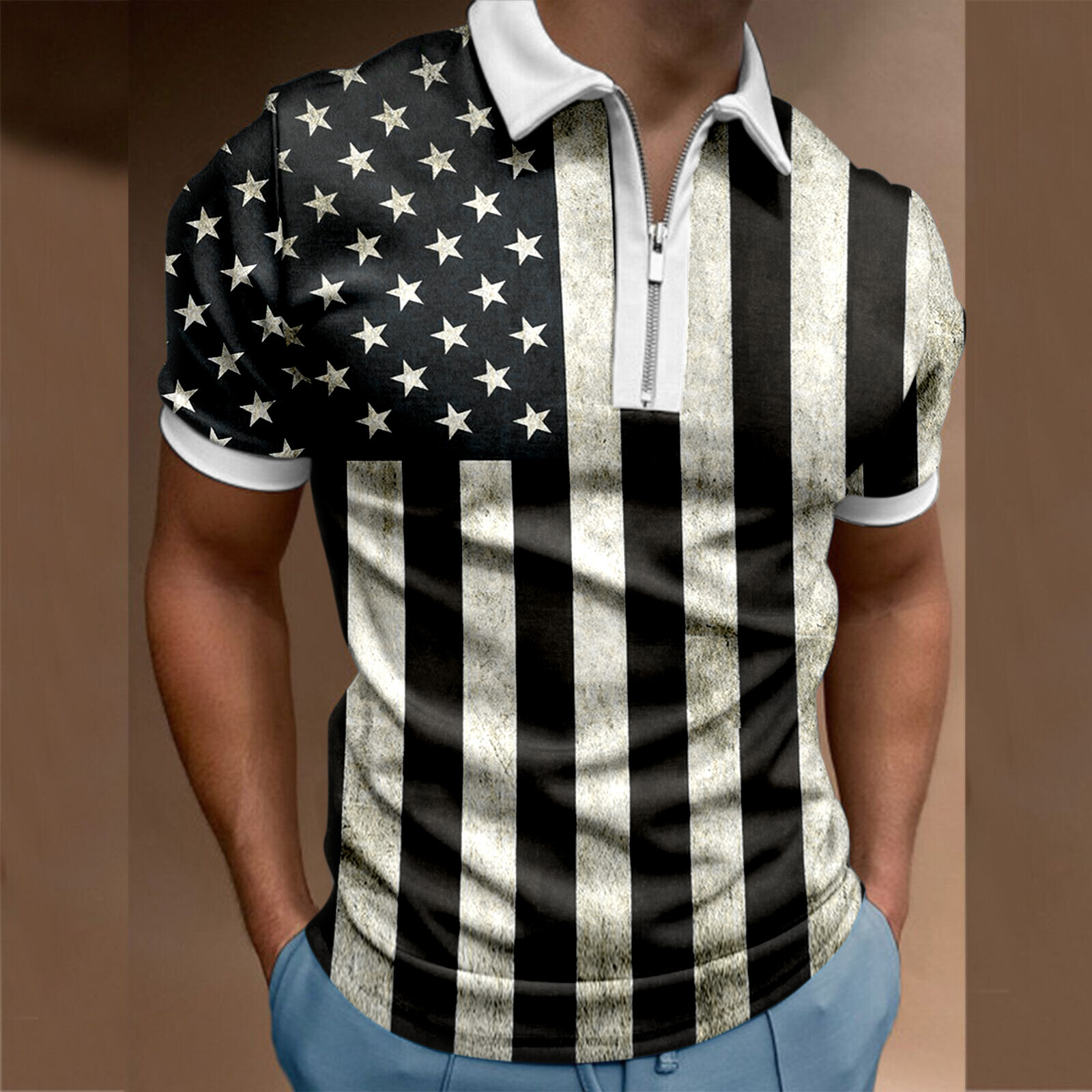 Men Summer Flag Print Zipper Shirt T Shirt Casual Golf Work Slim Fit Tops Tee US