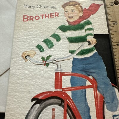 Vtg Christmas Card UNUSED Little Boy Norcross Brother Bike Flocked Diecut W/env
