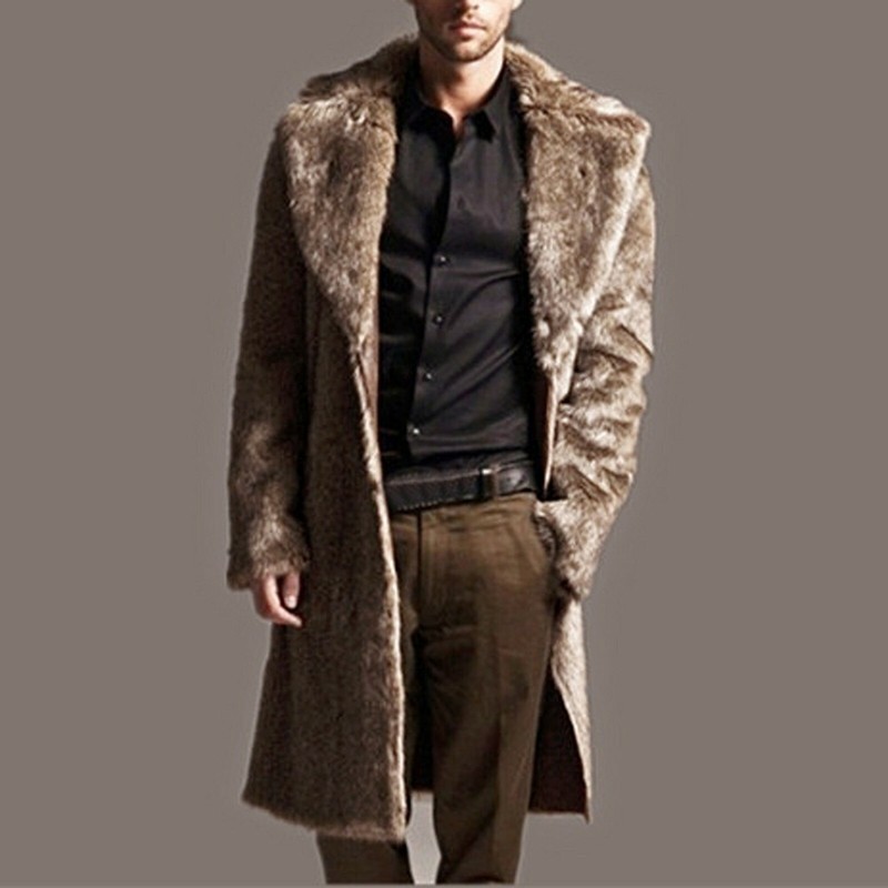 Mens Thickening Long Coat Jacket Faux-Fur Winter Open Front Outwear Cardigan