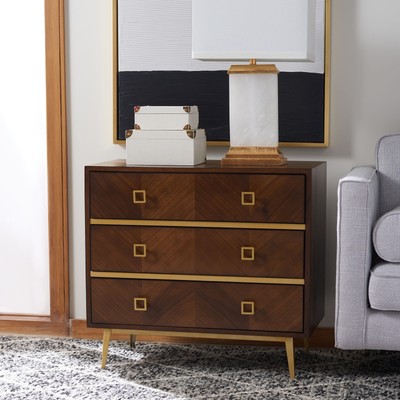 SAFAVIEH Katia 3 Drawer Chest-Walnut / Gold GOLD, Walnut 31.9'' x 16'' x 29''