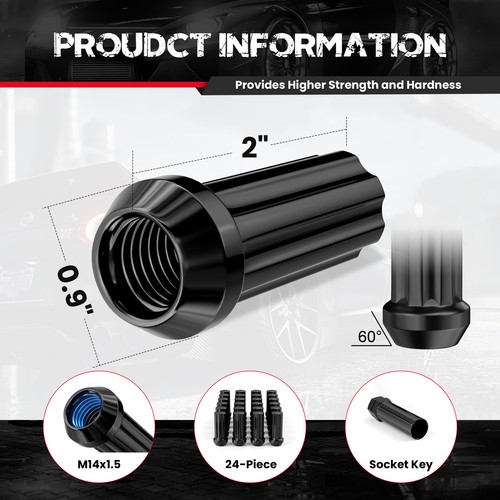 Set of 24 Epoch Spline Lug Nut Kit Black 14mm x 1.5 2" Tall M14x1.5 Super Duty