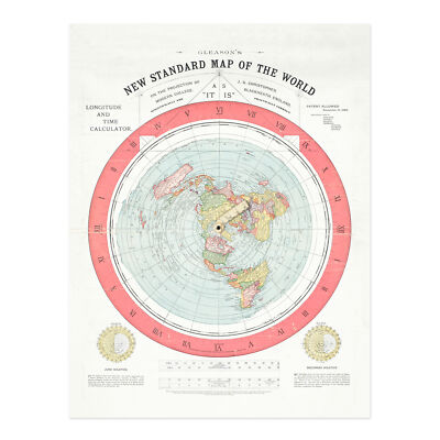 Map Gleason 1892 World Time Calculator Flat Earth Canvas Wall Art Print Poster