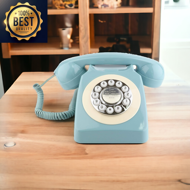 Blue Classic Retro Vintage Landline Telephone  Corded Phone Old Fashioned Dial Button Desk Phone with Redial Function for Home Office