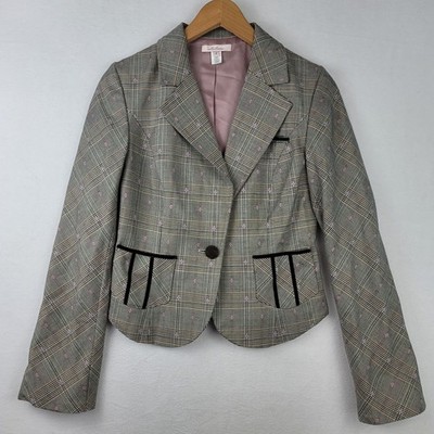 Intuitions Womens Size 6 Plaid Blazer Jacket Gray Pink Floral Accent Vintage