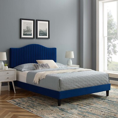 Modway Juniper Channel Tufted Performance Velvet Queen Platform Bed in Navy