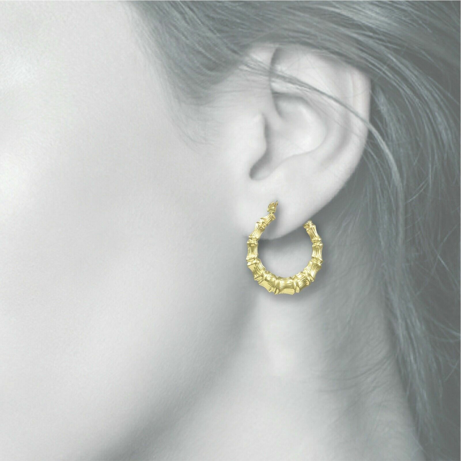 Pre-owned Handmade 10k Yellow Gold Round Bamboo Hoop Earrings - Door Knocker Women - 18.0 Mm