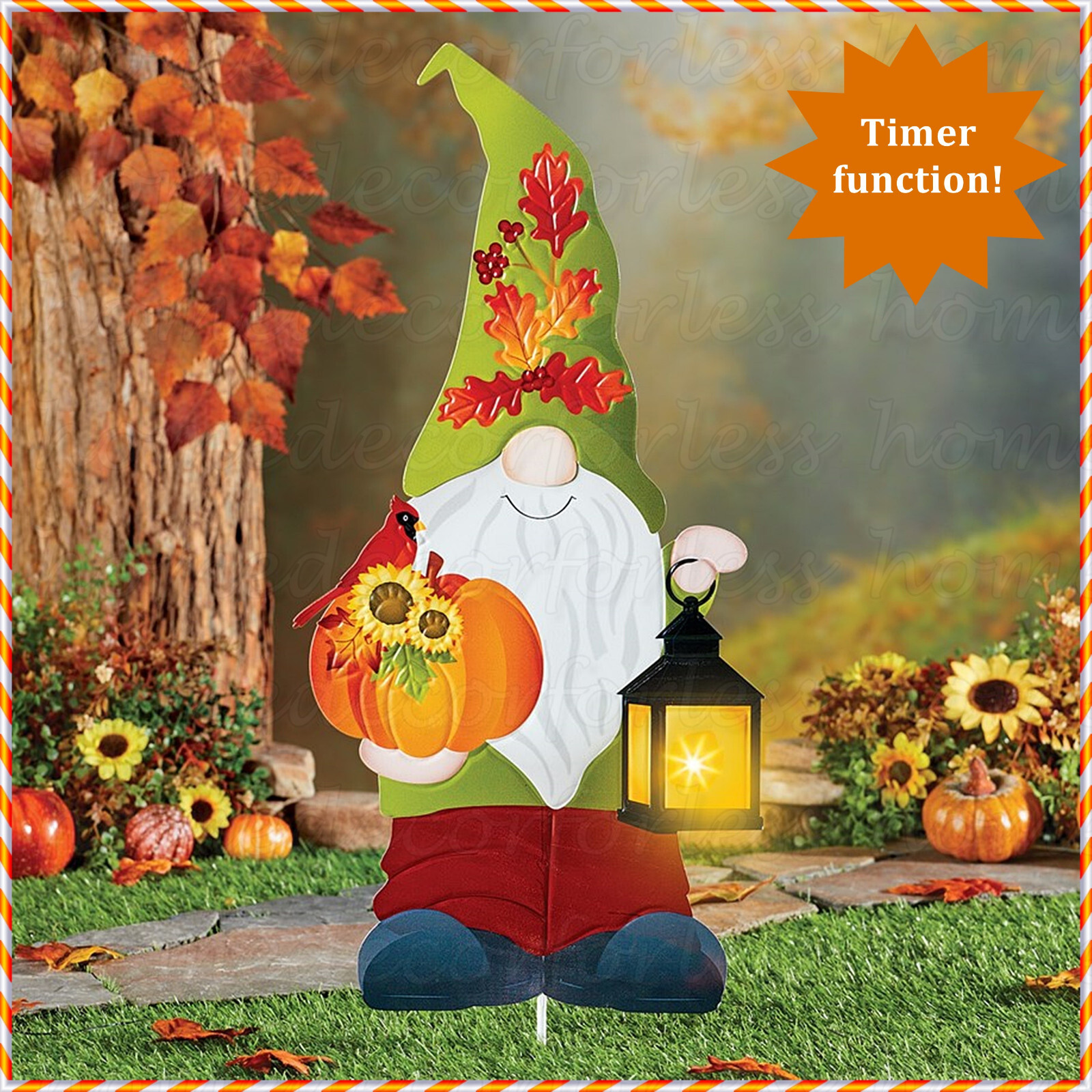 Solar Fall Harvest Gnome Garden Stake w/ Timer Thanksgiving Halloween Lawn Decor