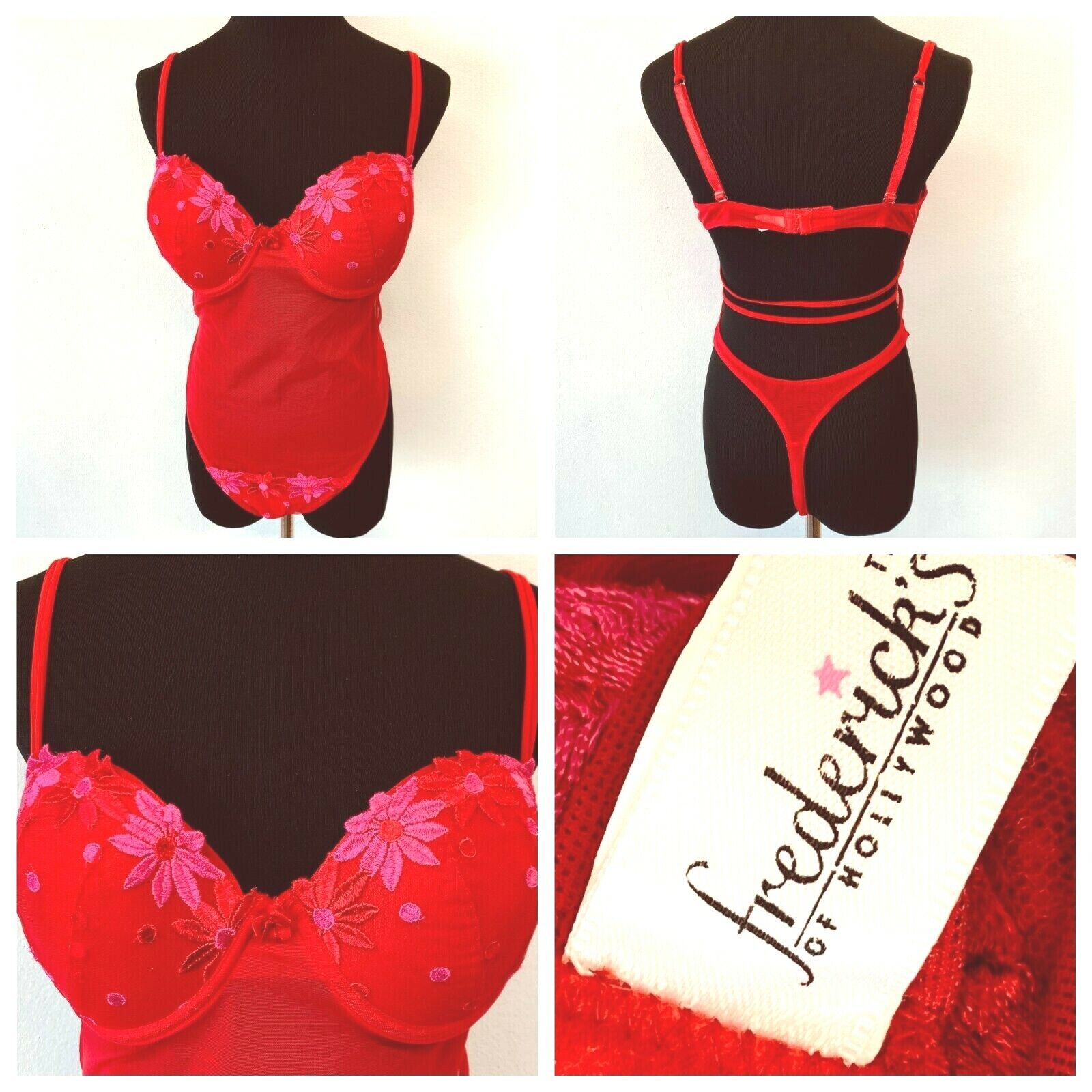 Vintage Fredericks Thong Teddy size XL Red Mesh Embroidered Fl...