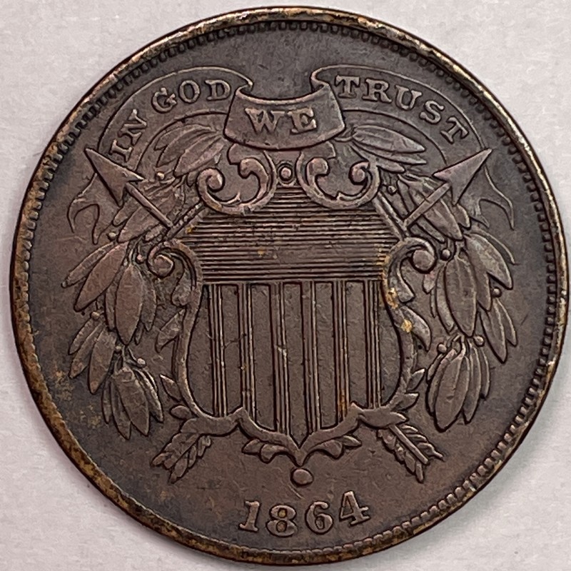 1864 Small Motto Two Cent Piece Almost Uncirculated AU Coin