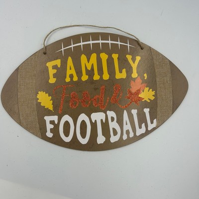 FAMILY FOOD FOOTBALL SIGN Wall Art Door Hanger Plaque Autumn Fall Decor LR