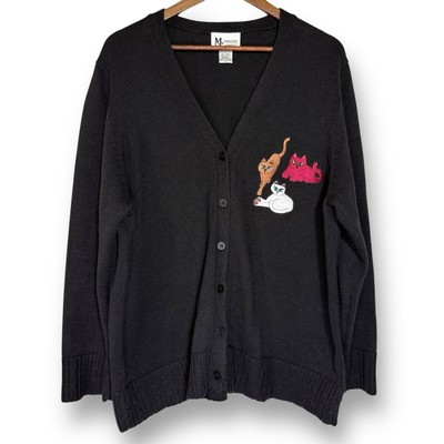 Vintage 90 s Maggie Sweet Knit Embroidered Cat Cardigan Sweater L Crazy Cat Lady