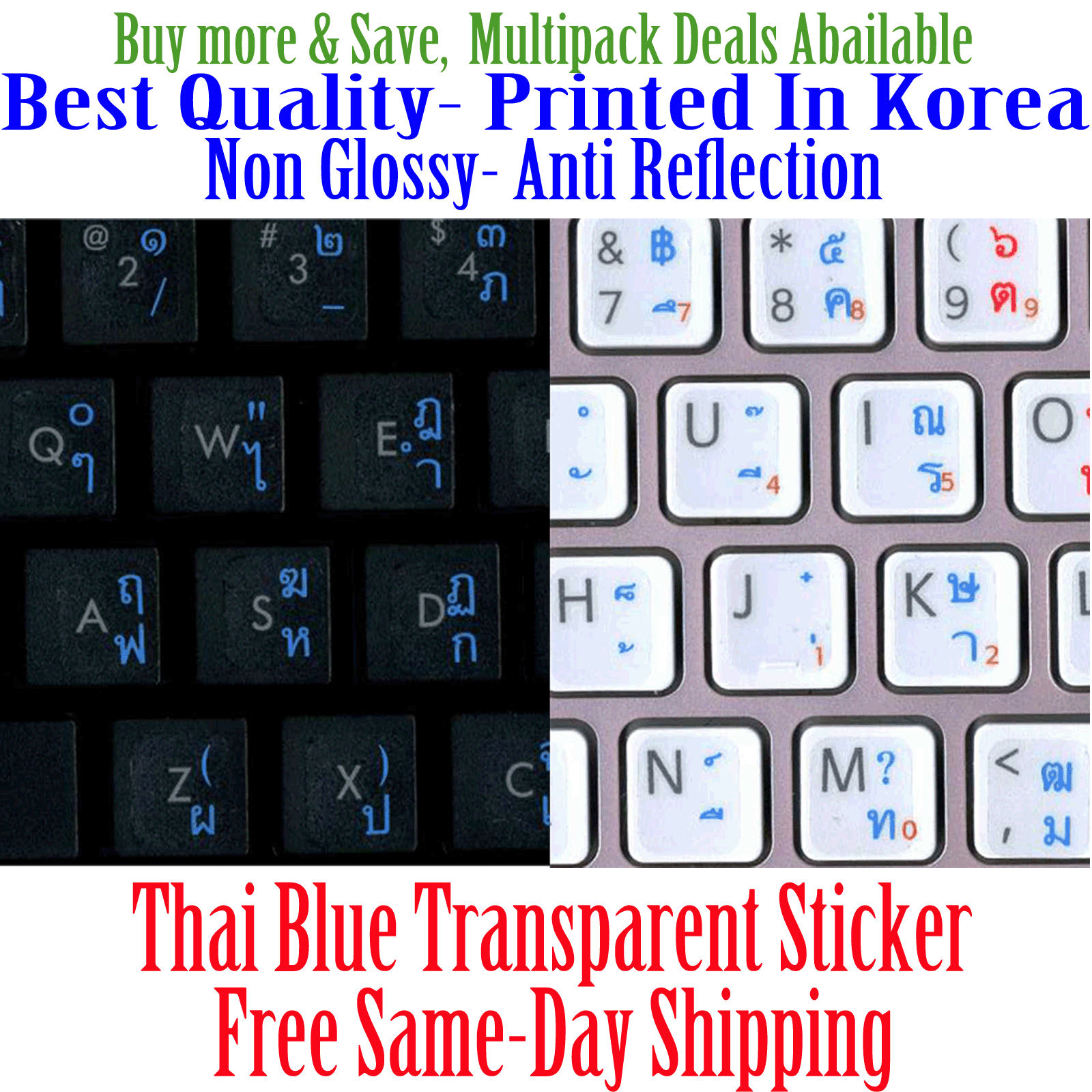 Thai Transparent Keyboard Sticker Blue letters Printed in Korea,Best Quality
