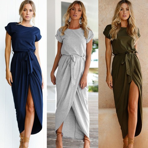 Damen Kurzarm Lange Einfarbig Kleider Business Cocktail Partykleid Strandkleider