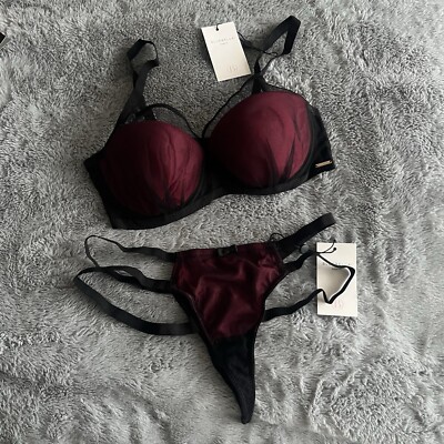 Bluebella Black Mesh and Dark Red Lingerie Set Bra 32 C and Thong Size 8 UK