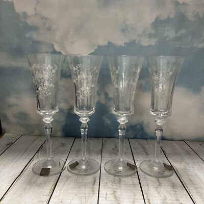 MIKASA Set Of 4 Crystal Fluted Champagne Glasses  Tea Rose  Pattern Austria