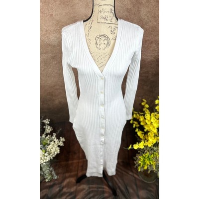 Pre-owned Lita By Ciara Icon Rib V Neck Cardigan Button Front Midi Dress - White - Size M