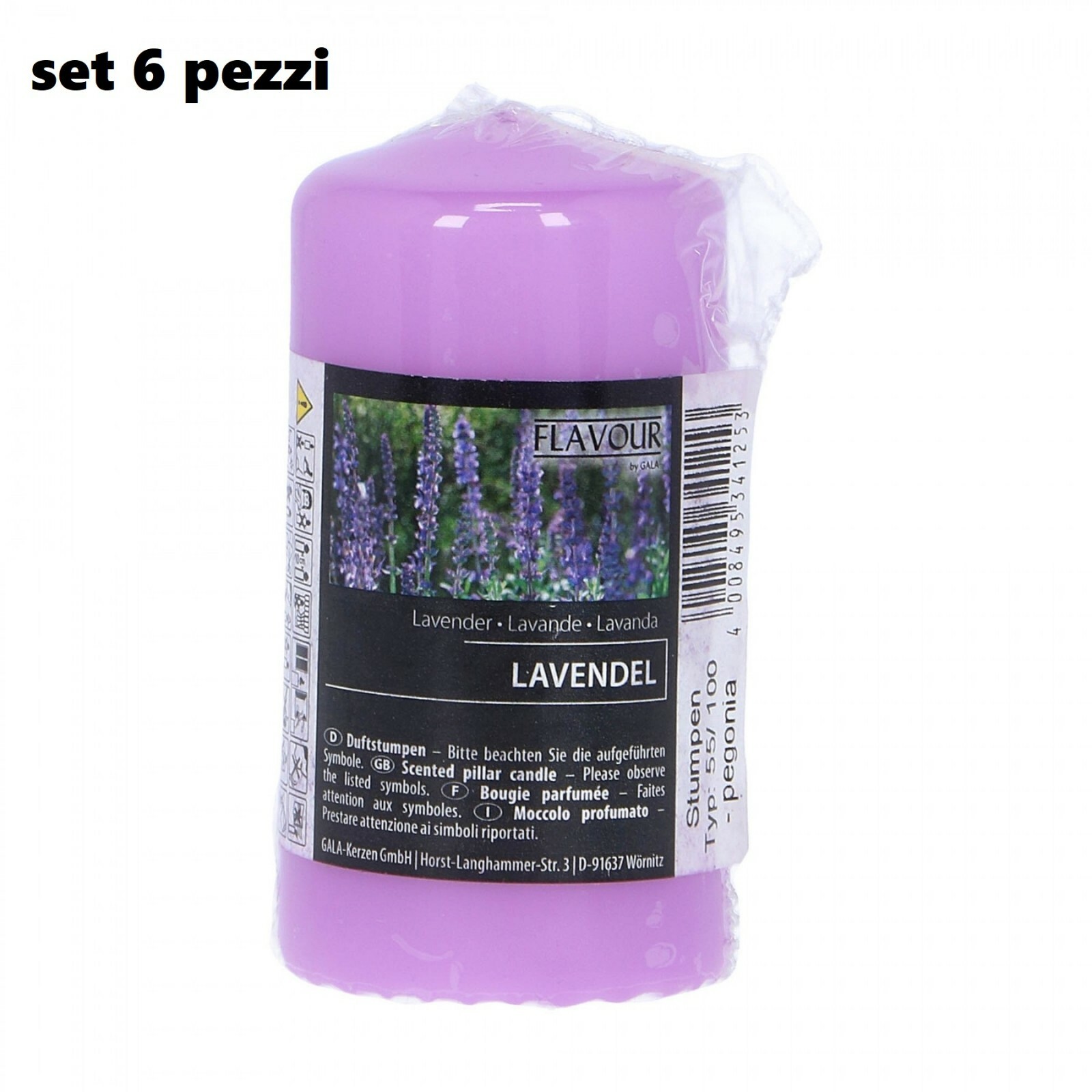 Set 6 Pezzi Candele Cera Profumate Fragranza Lavanda 5x9,5cm dfh