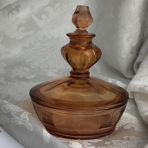Fostoria Antique Amber Glass Perfume Bottle Powder Dish Stopper Combo Circa 1940