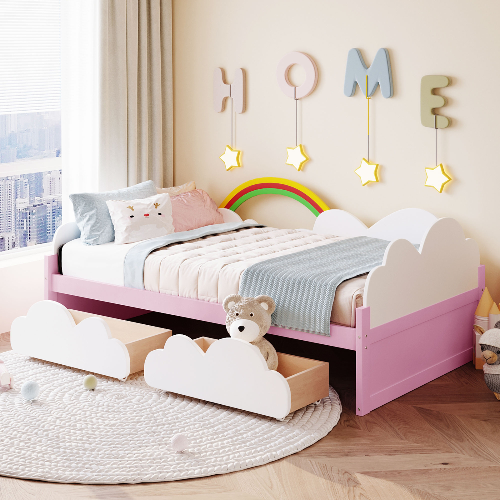 With 2 Drawers Wooden Slatted W/ Clouds Rainbow Decor