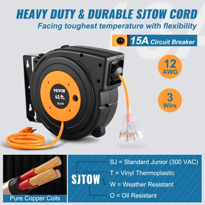 VEVOR Retractable Extension Cord Reel Power Cord Reel 45FT 12AWG/3C SJTOW