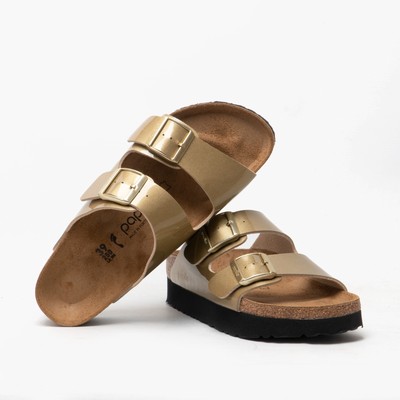 gold two strap sandals