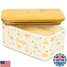 Lumicook Ceramic Butter Dish with Wooden Lid, Large Butter Container Keeper Storage with Stainless Steel Butter Knife Spreader, Bamboo Cover, Butter Holder Easily Fits 2 Sticks of Butter