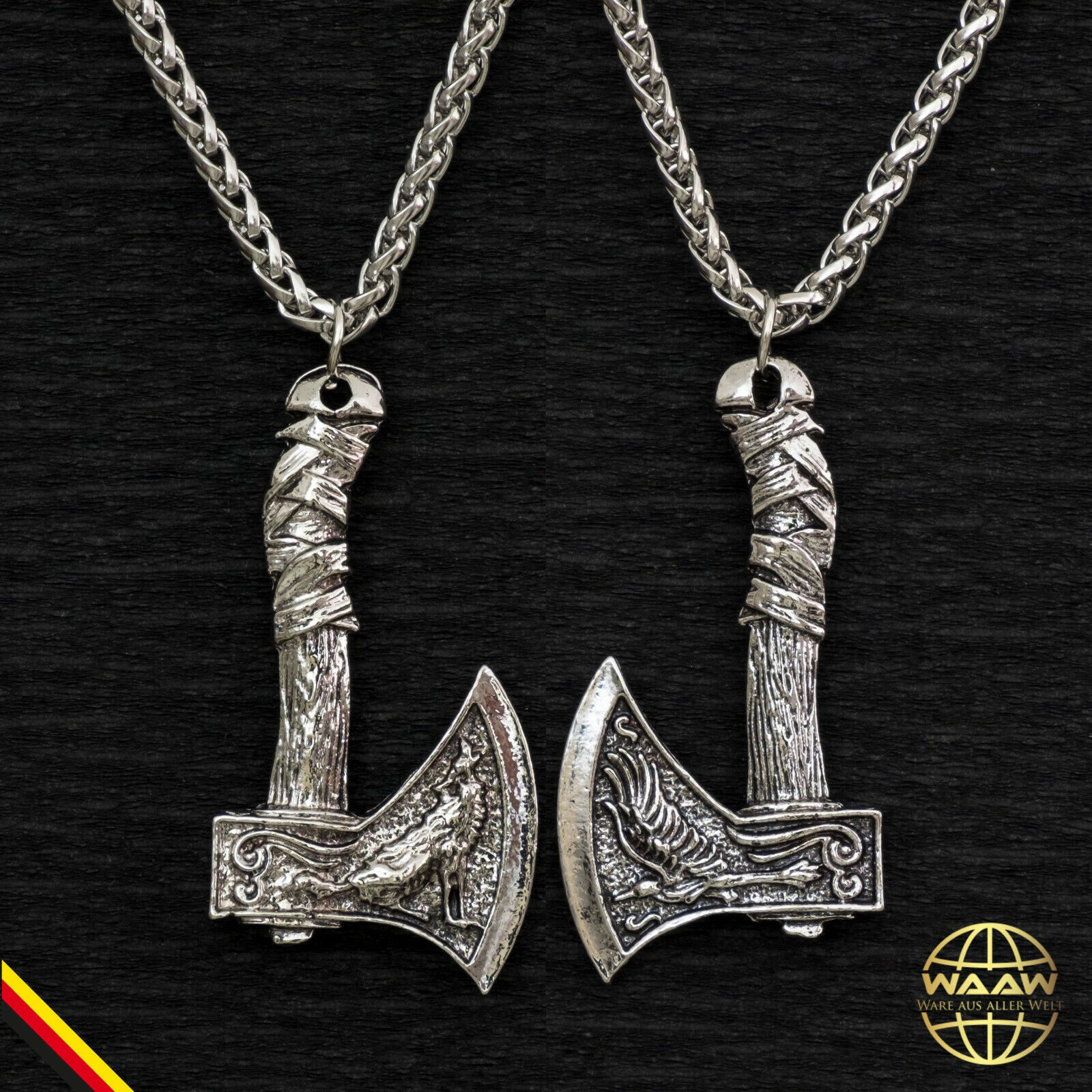 Wikinger Kette Halskette mit Axt Anhänger Raben Odin Fenriswolf Fenrir Walhalla 
