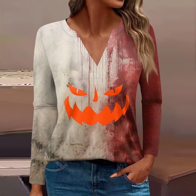 Women's T Shirt Tee Print Button Long Sleeve Daily Weekend Fashion Basic V Neck