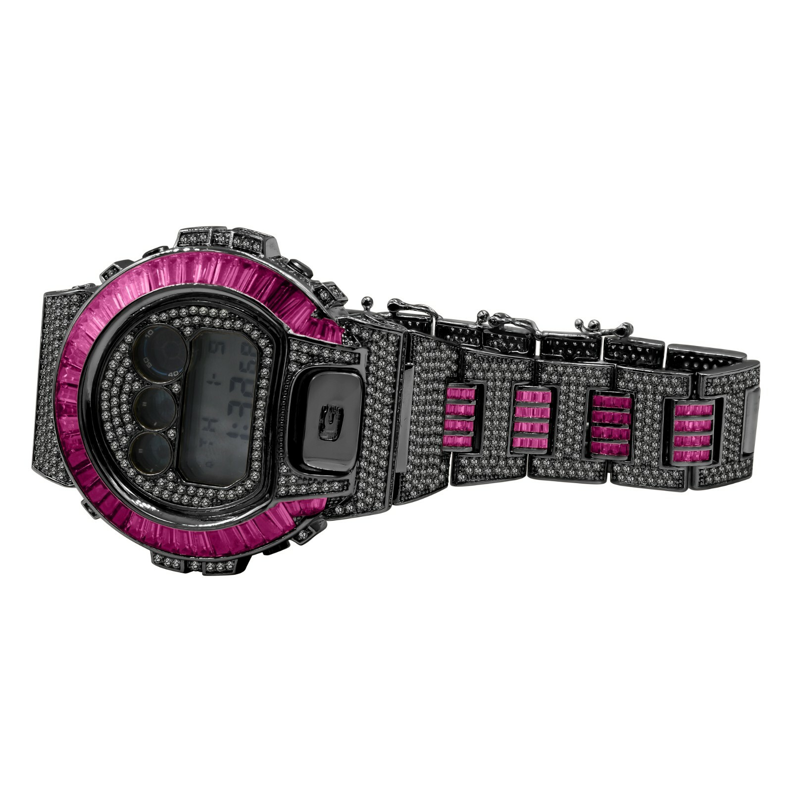 Pre-owned Icy Authentic Baguette Pink Tourmaline Black Gold Casio G-shock Dw-6900 Watch