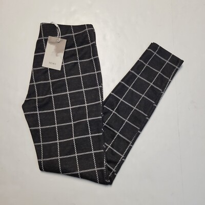 ICHI Women's Leggings Black White Box Check Pant MEDIUM Stretch Poly Viscose