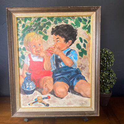 Vintage TWO LITTLE BOYS Portrait Original Painting Colorful Children 23 x 19 
