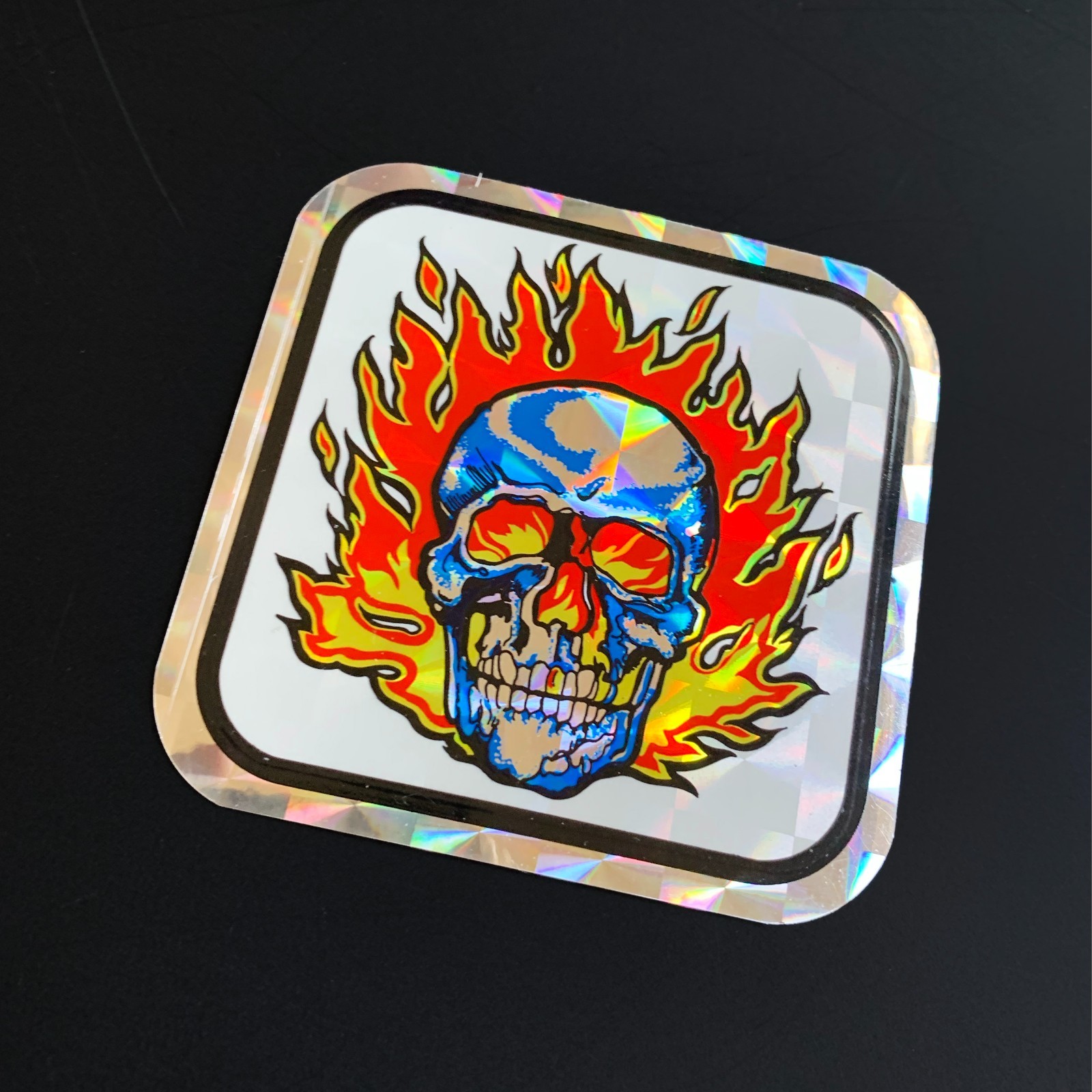 Vintage FLAMING SKULL Holographic PRISM STICKER motorcycle Biker Vending