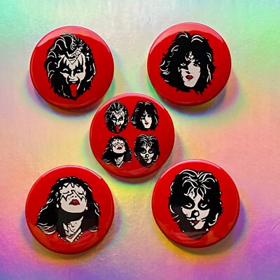 5 - KISS 1.5'' Pinback Buttons - 1974 STYLE ARTWORK RED - Gene Paul Ace Peter