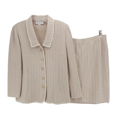 ST JOHN Collection 2-Piece Skirt Jacket Set Beige Patterned Size 12