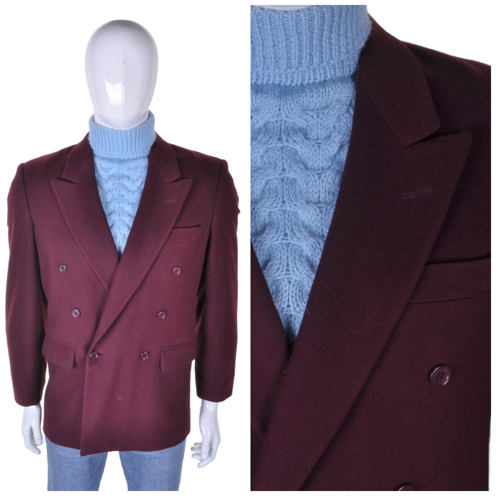 VINTAGE Lambswool Maroon Blazer 36R Double Breasted Wool