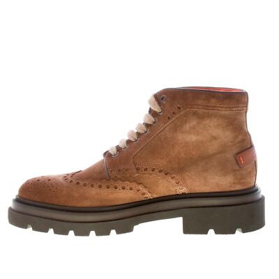 SANTONI men shoes Brown fine suede laced ankle boot with brogue detailing
