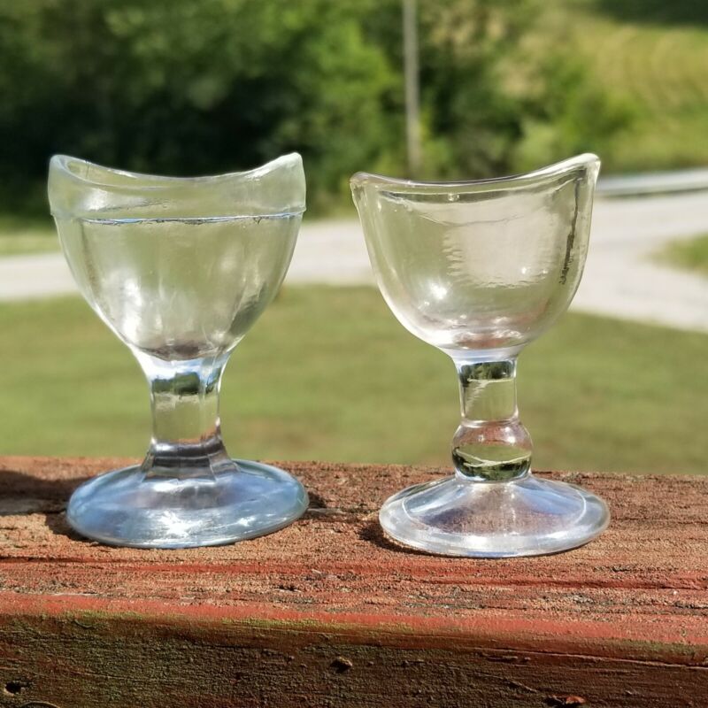 Antique Eye Wash Cups LOT OF 2 Clear Glass 8 Sided Stem Ball Stem