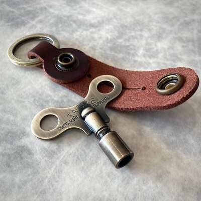 Tackle Timekeepers Drum Key - Antique BRASS Brown Leather Keychain Case